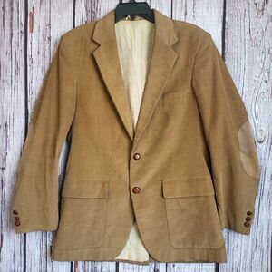 Vintage 70s Farah Corduroy Blazer 38-R Leather Elbow Brown Tan Men 2-Button